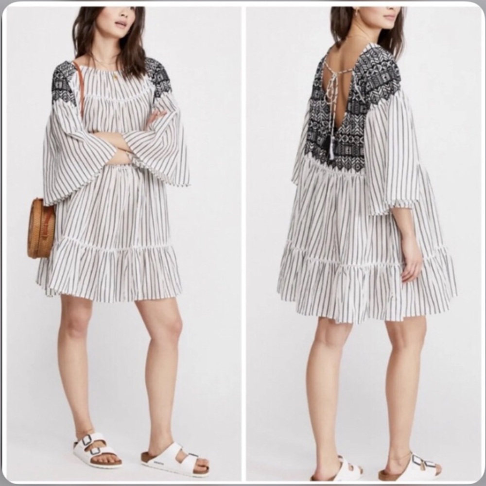 Free People Mini Dress Tunic Lola Tiered Off White & Black Embroidered Dress NWT